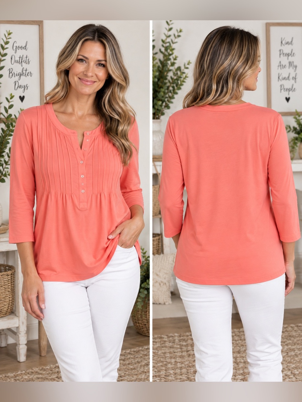 NWT Lands’ End Button Front Pintuck Top Coral 3/4 Sleeve XL